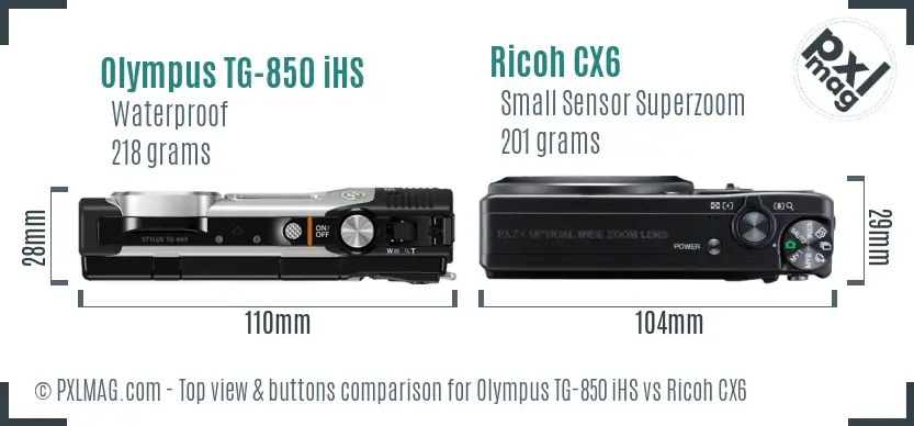 Olympus TG-850 iHS vs Ricoh CX6 top view buttons comparison