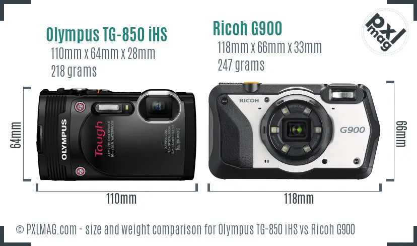 Olympus TG-850 iHS vs Ricoh G900 size comparison