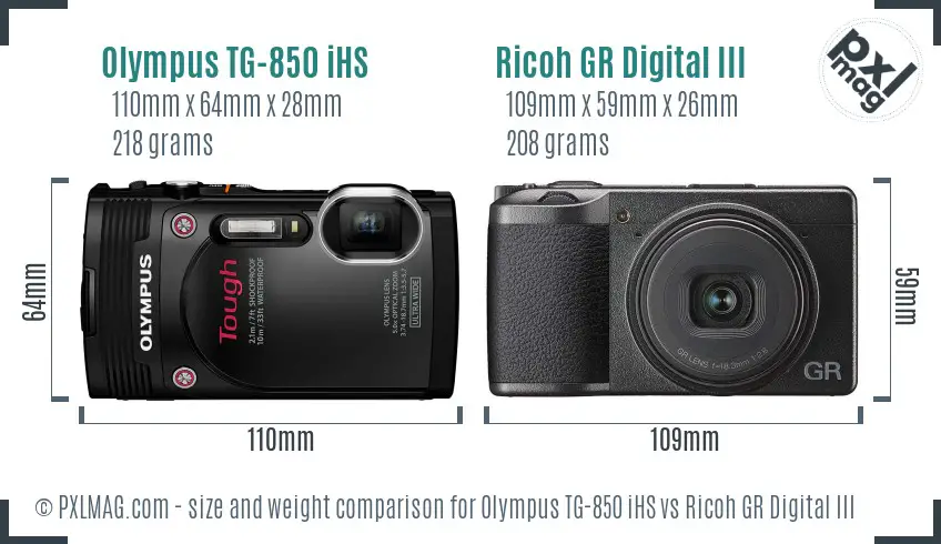 Olympus TG-850 iHS vs Ricoh GR Digital III size comparison