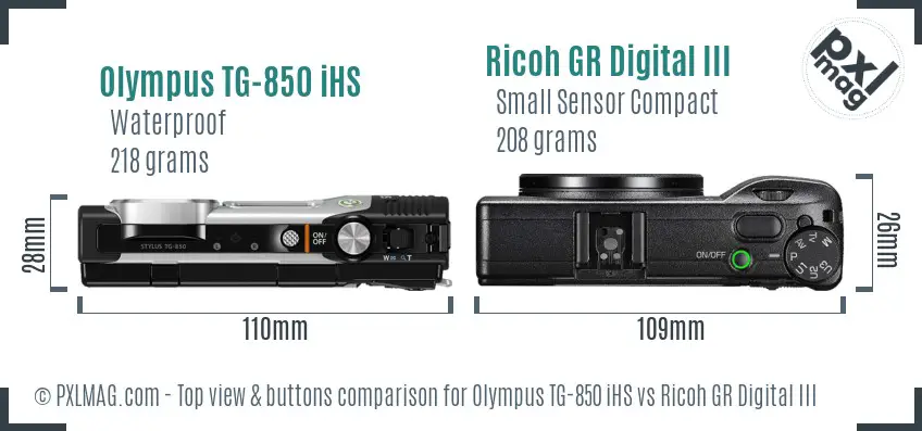 Olympus TG-850 iHS vs Ricoh GR Digital III top view buttons comparison