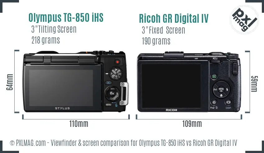 Olympus TG-850 iHS vs Ricoh GR Digital IV Screen and Viewfinder comparison