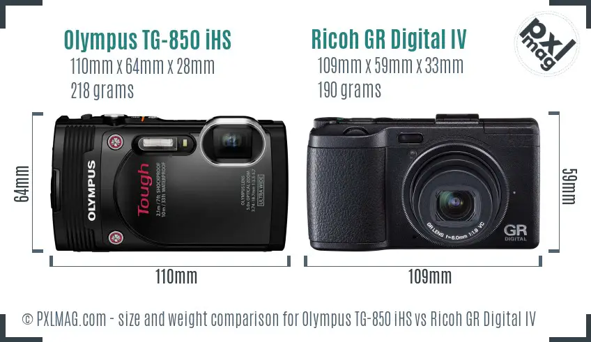 Olympus TG-850 iHS vs Ricoh GR Digital IV size comparison