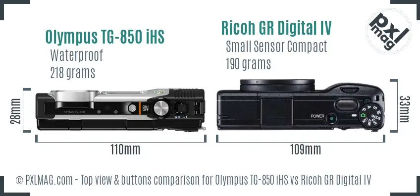 Olympus TG-850 iHS vs Ricoh GR Digital IV top view buttons comparison