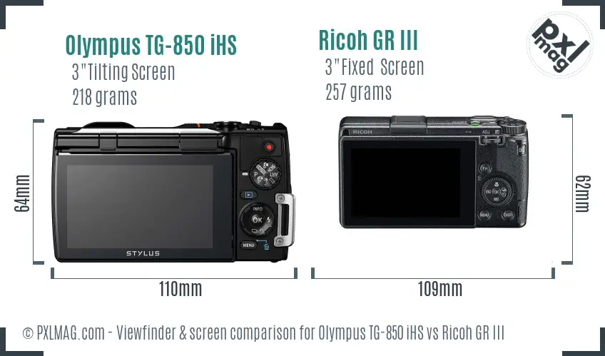 Olympus TG-850 iHS vs Ricoh GR III Screen and Viewfinder comparison