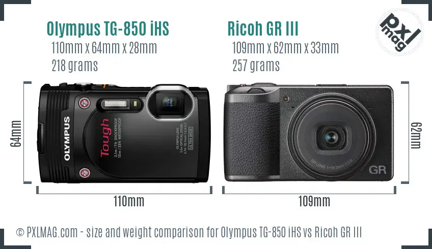 Olympus TG-850 iHS vs Ricoh GR III size comparison