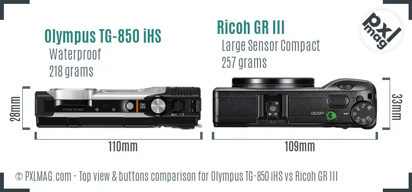 Olympus TG-850 iHS vs Ricoh GR III top view buttons comparison