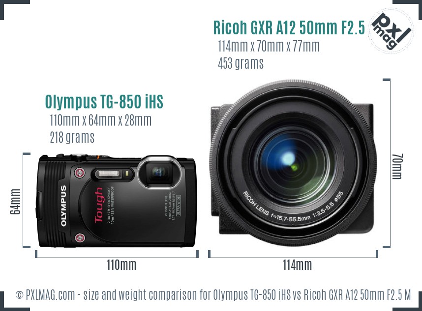 Olympus TG-850 iHS vs Ricoh GXR A12 50mm F2.5 Macro size comparison