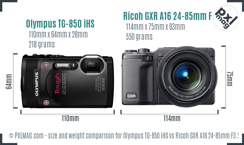 Olympus TG-850 iHS vs Ricoh GXR A16 24-85mm F3.5-5.5 size comparison