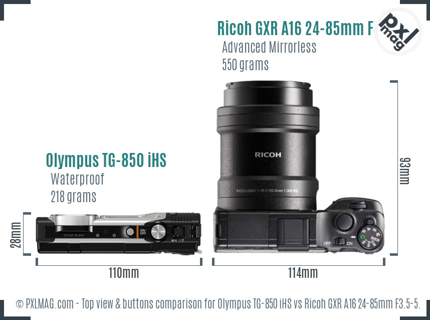 Olympus TG-850 iHS vs Ricoh GXR A16 24-85mm F3.5-5.5 top view buttons comparison
