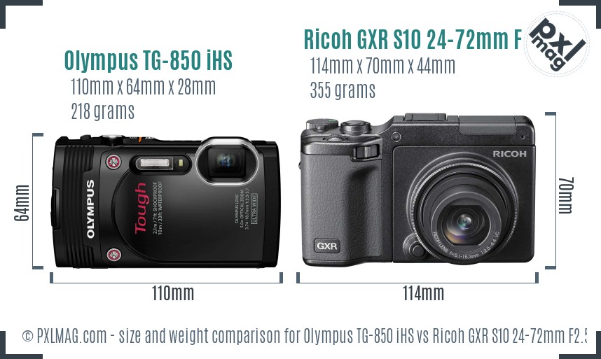 Olympus TG-850 iHS vs Ricoh GXR S10 24-72mm F2.5-4.4 VC size comparison