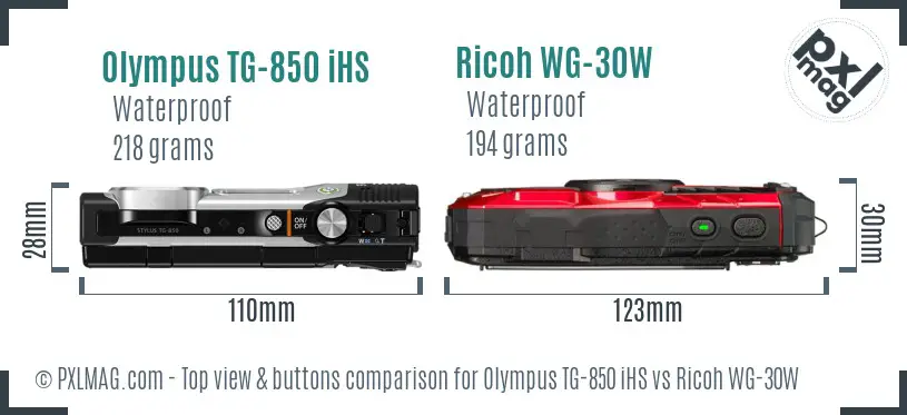Olympus TG-850 iHS vs Ricoh WG-30W top view buttons comparison