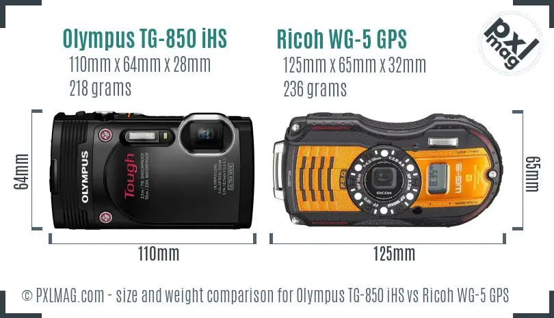 Olympus TG-850 iHS vs Ricoh WG-5 GPS size comparison