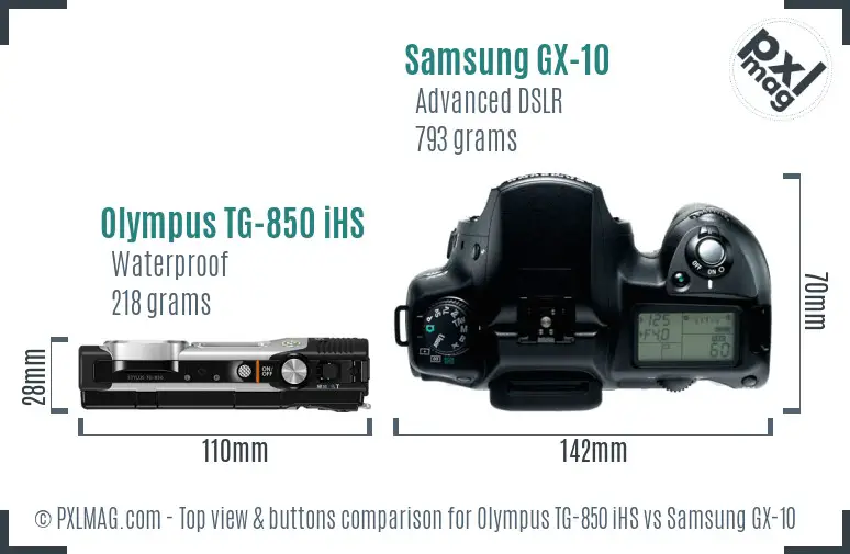 Olympus TG-850 iHS vs Samsung GX-10 top view buttons comparison