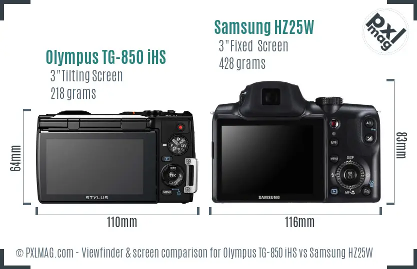 Olympus TG-850 iHS vs Samsung HZ25W Screen and Viewfinder comparison