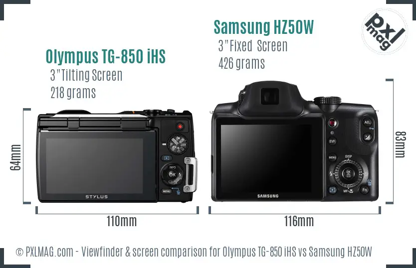 Olympus TG-850 iHS vs Samsung HZ50W Screen and Viewfinder comparison