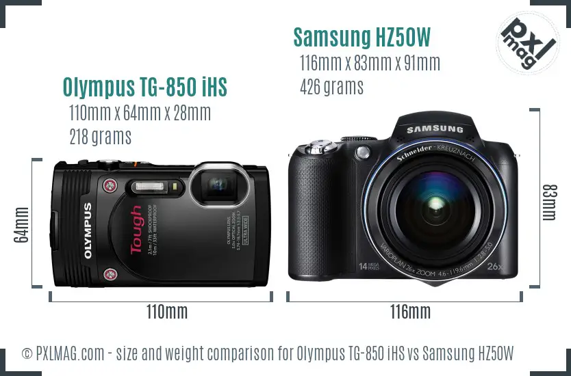 Olympus TG-850 iHS vs Samsung HZ50W size comparison