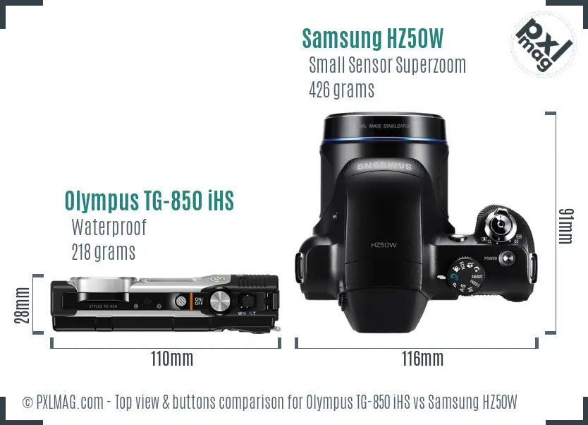 Olympus TG-850 iHS vs Samsung HZ50W top view buttons comparison