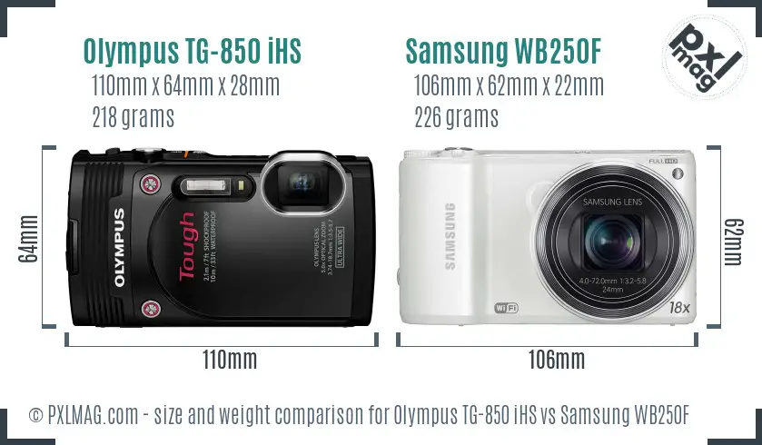 Olympus TG-850 iHS vs Samsung WB250F size comparison Olympus TG-850 iHS vs Samsung WB250F size comparison