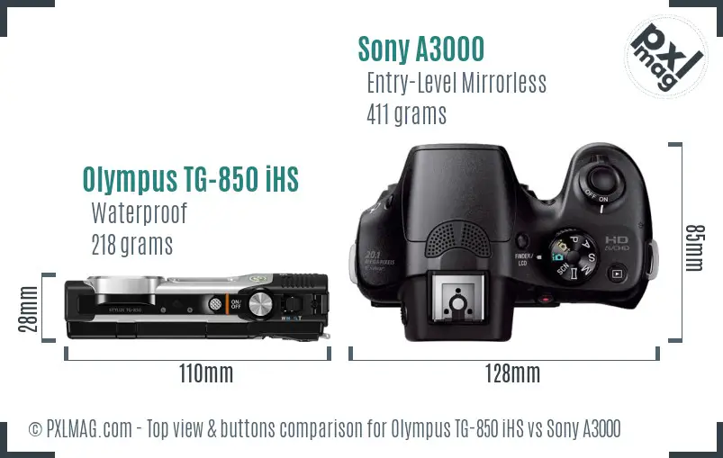 Olympus TG-850 iHS vs Sony A3000 top view buttons comparison Olympus TG-850 iHS vs Sony A3000 top view buttons comparison