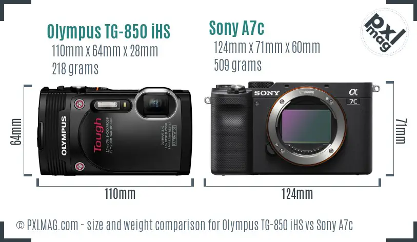 Olympus TG-850 iHS vs Sony A7c size comparison
