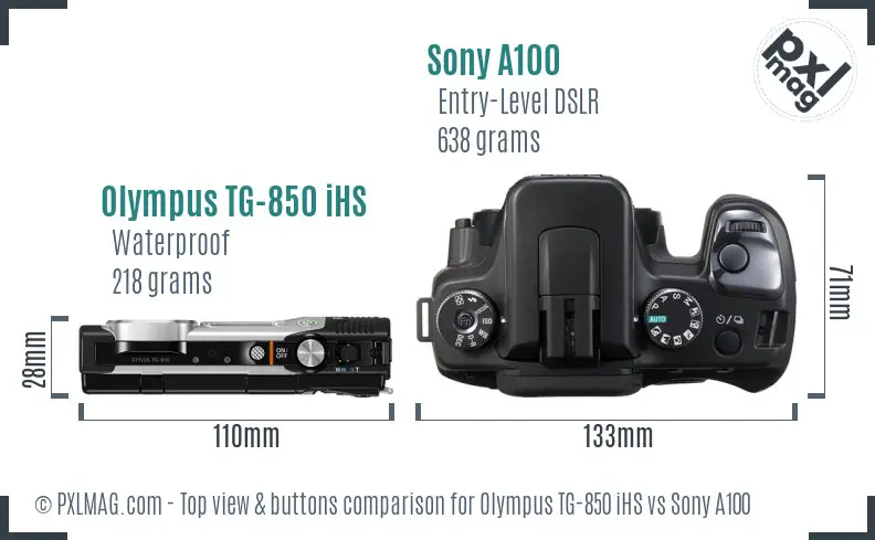 Olympus TG-850 iHS vs Sony A100 top view buttons comparison