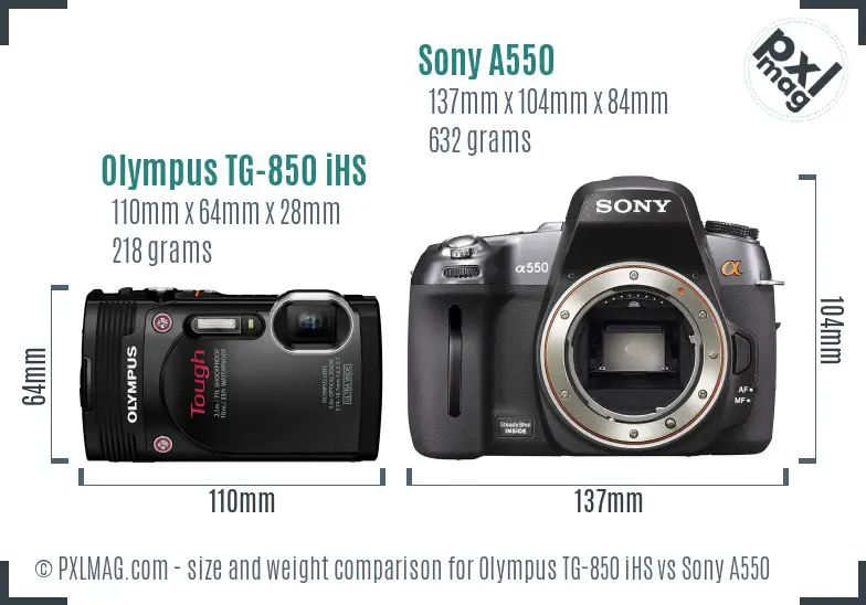 Olympus TG-850 iHS vs Sony A550 size comparison