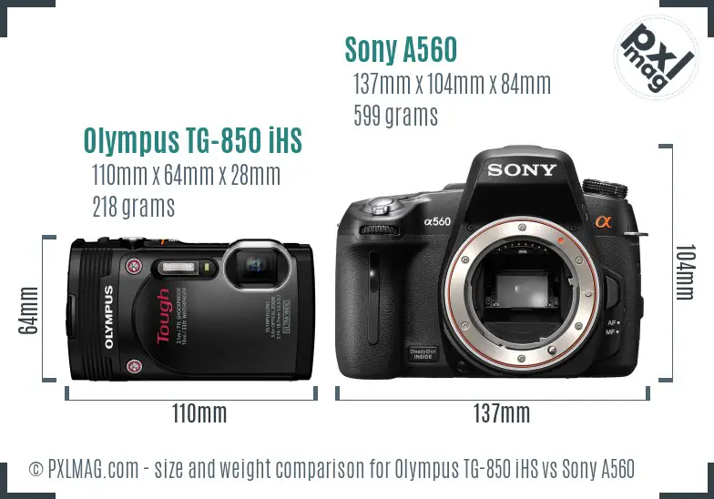 Olympus TG-850 iHS vs Sony A560 size comparison