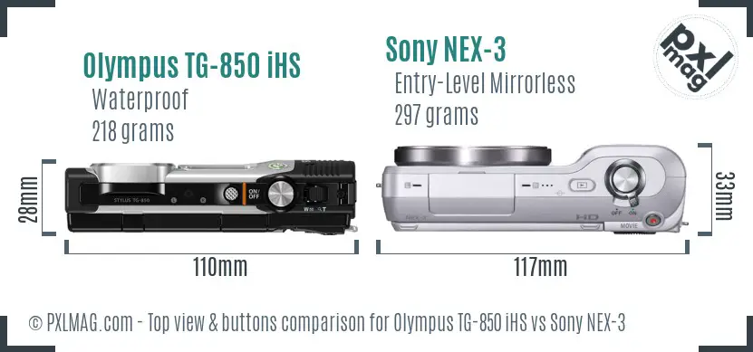 Olympus TG-850 iHS vs Sony NEX-3 top view buttons comparison