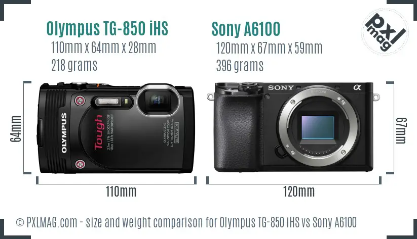 Olympus TG-850 iHS vs Sony A6100 size comparison