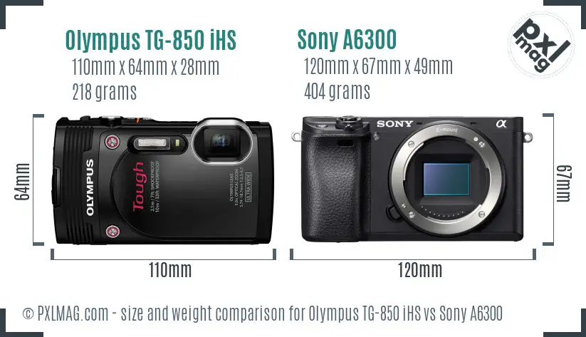 Olympus TG-850 iHS vs Sony A6300 size comparison
