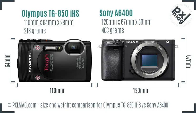 Olympus TG-850 iHS vs Sony A6400 size comparison
