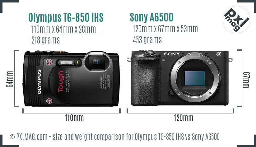 Olympus TG-850 iHS vs Sony A6500 size comparison