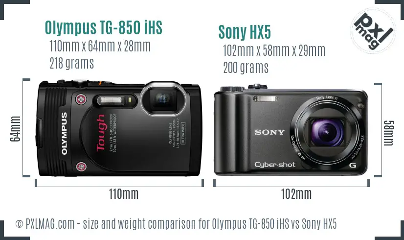 Olympus TG-850 iHS vs Sony HX5 size comparison