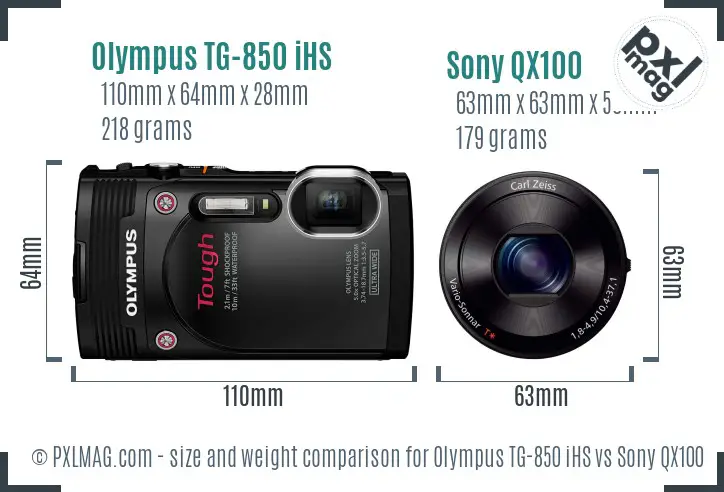 Olympus TG-850 iHS vs Sony QX100 size comparison