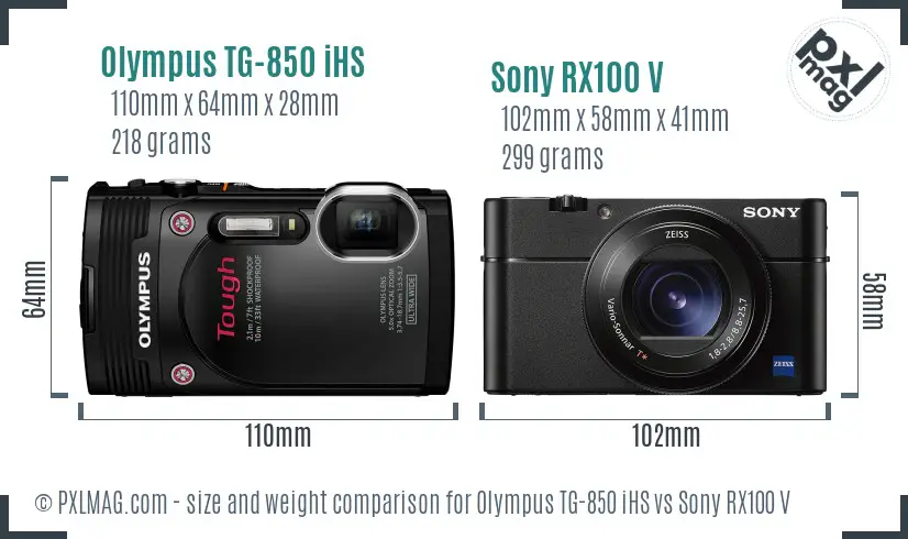 Olympus TG-850 iHS vs Sony RX100 V size comparison