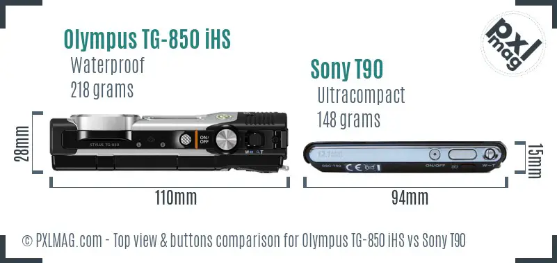 Olympus TG-850 iHS vs Sony T90 top view buttons comparison