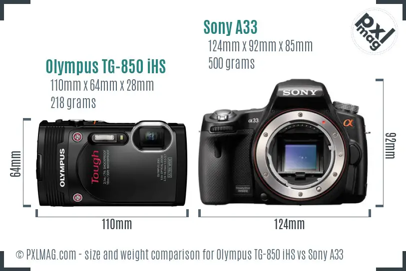 Olympus TG-850 iHS vs Sony A33 size comparison