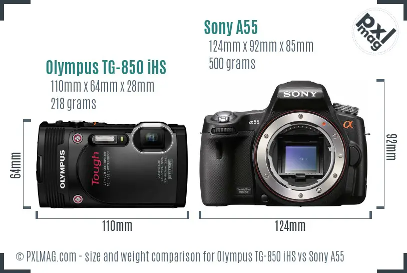Olympus TG-850 iHS vs Sony A55 size comparison
