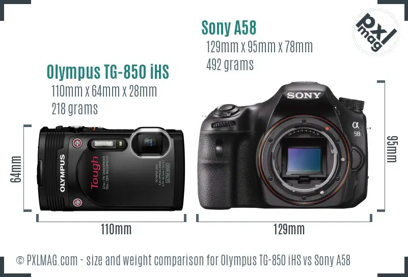Olympus TG-850 iHS vs Sony A58 size comparison
