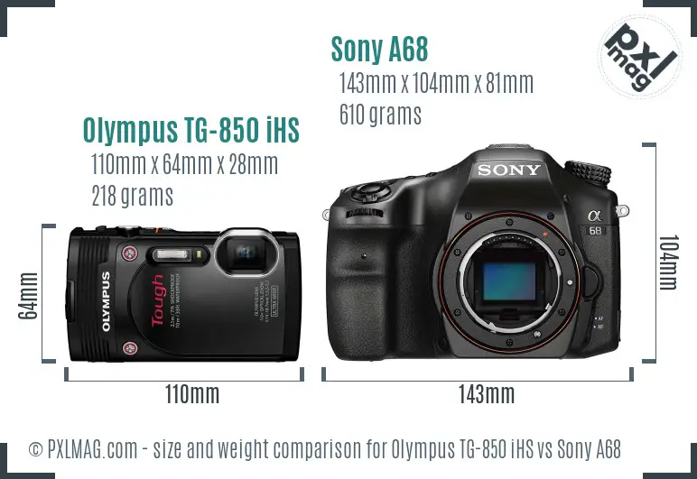 Olympus TG-850 iHS vs Sony A68 size comparison