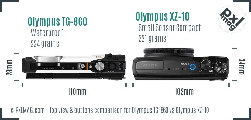 Olympus TG-860 vs Olympus XZ-10 top view buttons comparison
