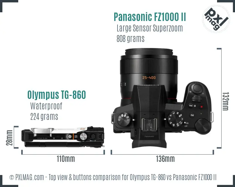 Olympus TG-860 vs Panasonic FZ1000 II top view buttons comparison