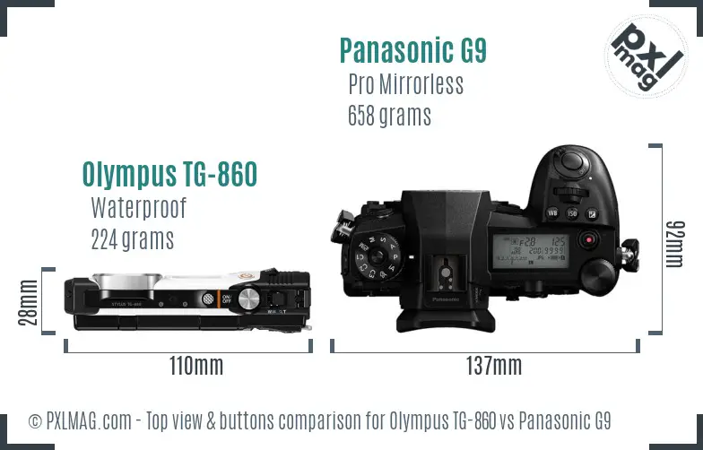 Olympus TG-860 vs Panasonic G9 top view buttons comparison