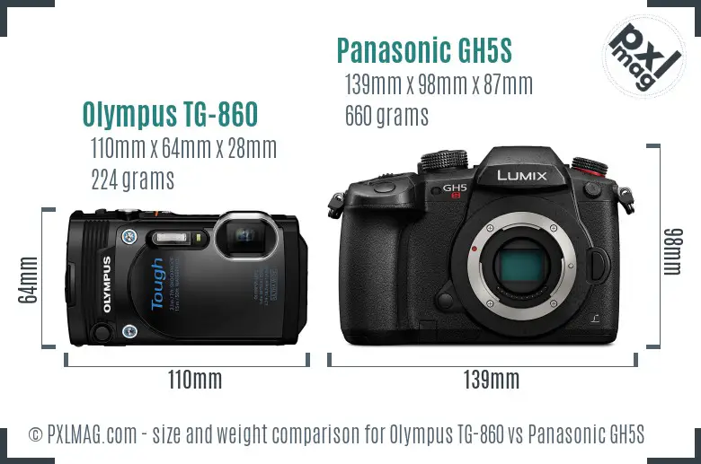 Olympus TG-860 vs Panasonic GH5S size comparison
