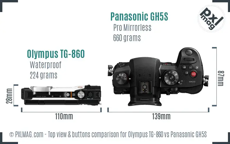 Olympus TG-860 vs Panasonic GH5S top view buttons comparison