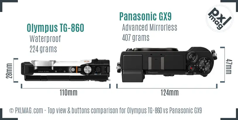 Olympus TG-860 vs Panasonic GX9 top view buttons comparison