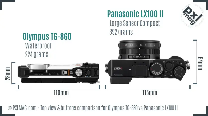 Olympus TG-860 vs Panasonic LX100 II top view buttons comparison