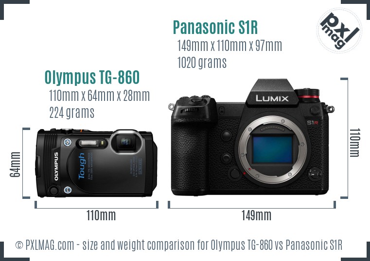 Olympus TG-860 vs Panasonic S1R size comparison