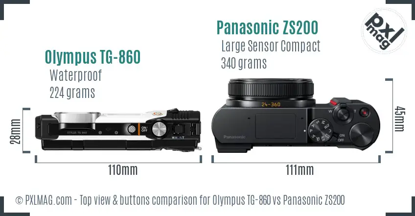 Olympus TG-860 vs Panasonic ZS200 top view buttons comparison