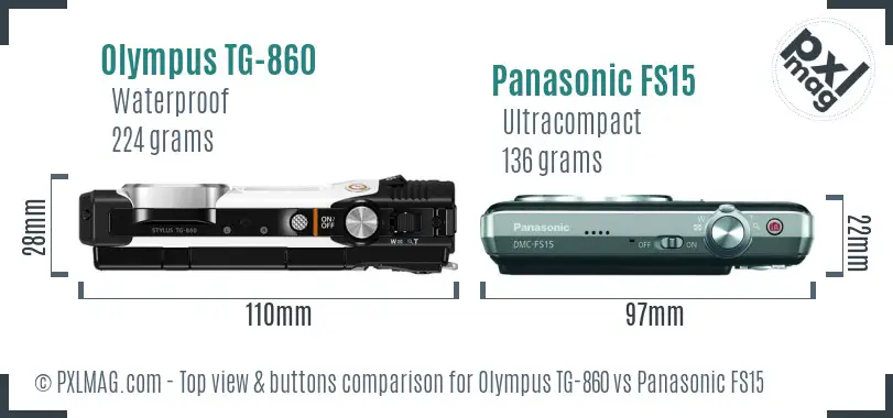Olympus TG-860 vs Panasonic FS15 top view buttons comparison